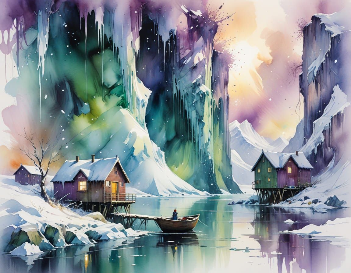 Arctic Fjord Aurora in Watercolor Style