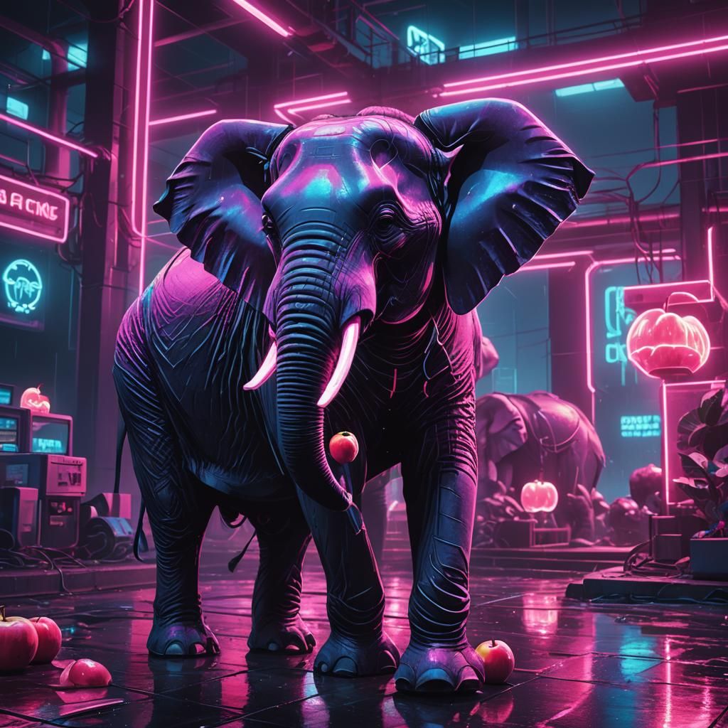 Elephant Eats Glowing Apples in Synthwave Neon Style