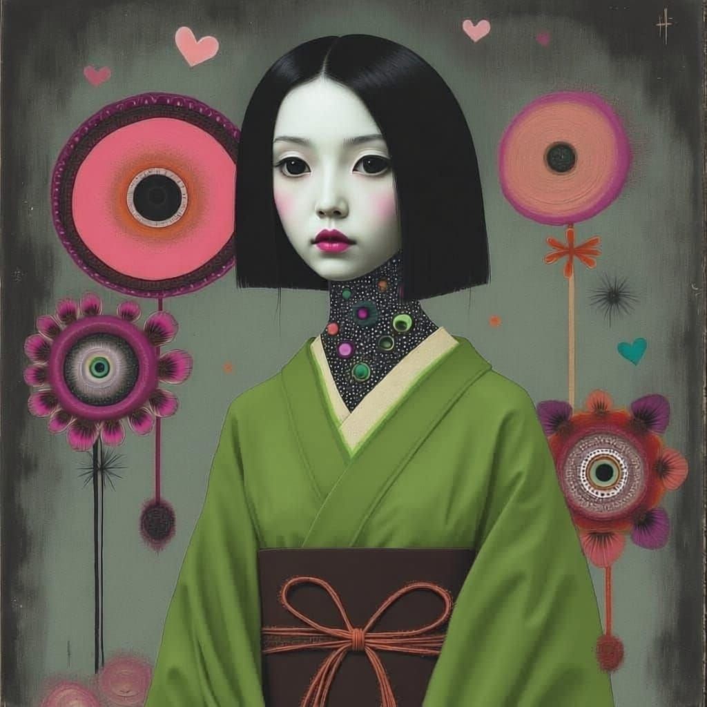 Ethereal Japanese Yokai Woman with Eyes on Neck