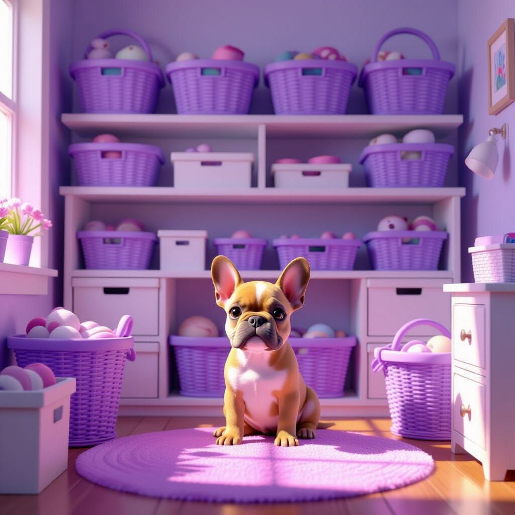 Cozy Lilac Storage Room with French Bulldog Puppy