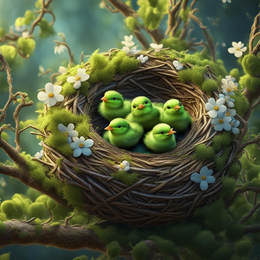 Bird's Nest with Green Chicks, Detailed Matte Painting