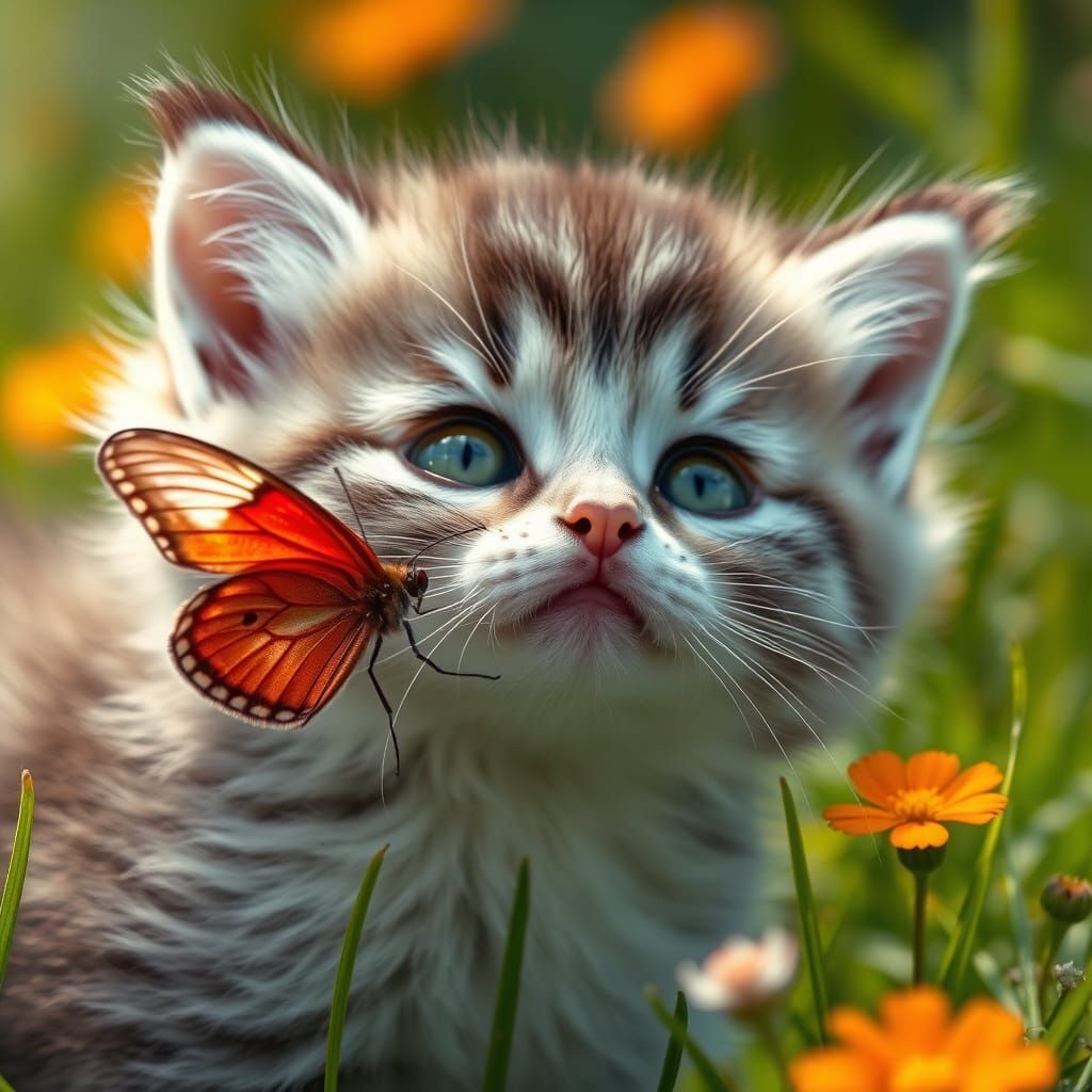 Vibrant Kitten in Wonder, with Delicate Red Butterfly