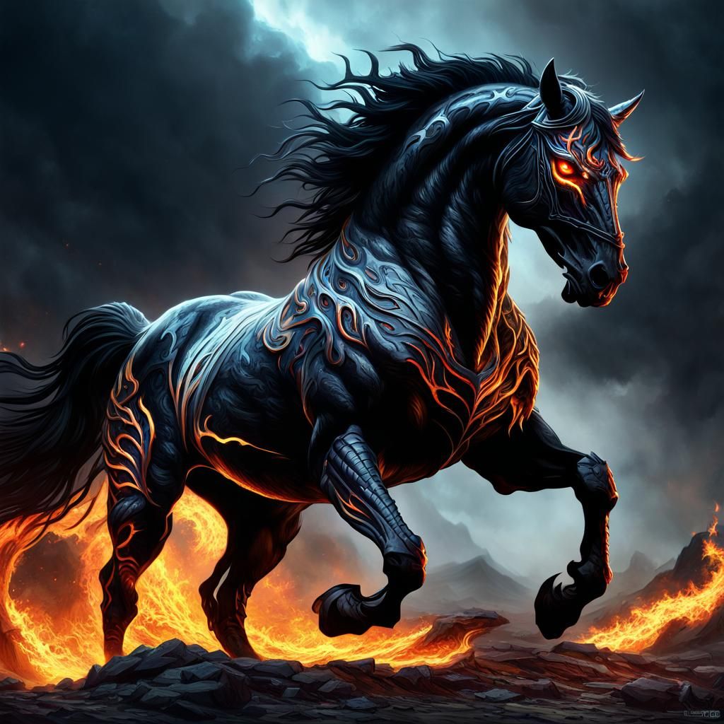 fantastic view of the D&D nightmare monster "Nightmare", a powerful black horse that emanates fire from its eyes and paw...