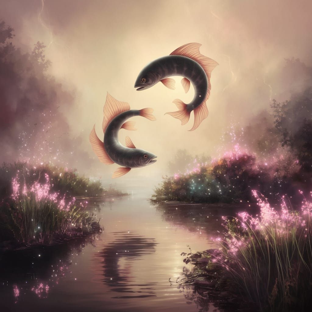 Surreal Zodiac Fantasy: Ethereal Fish in Dreamy Pond Scene