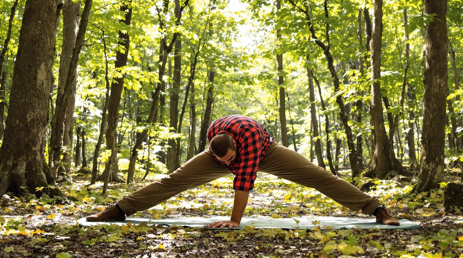 Lumberjack in Yoga Pose in a Forest