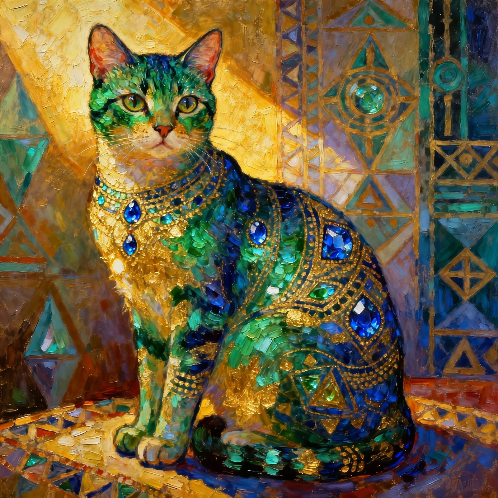 Oriental Cat in Jewel Tones with Bold Brushstrokes