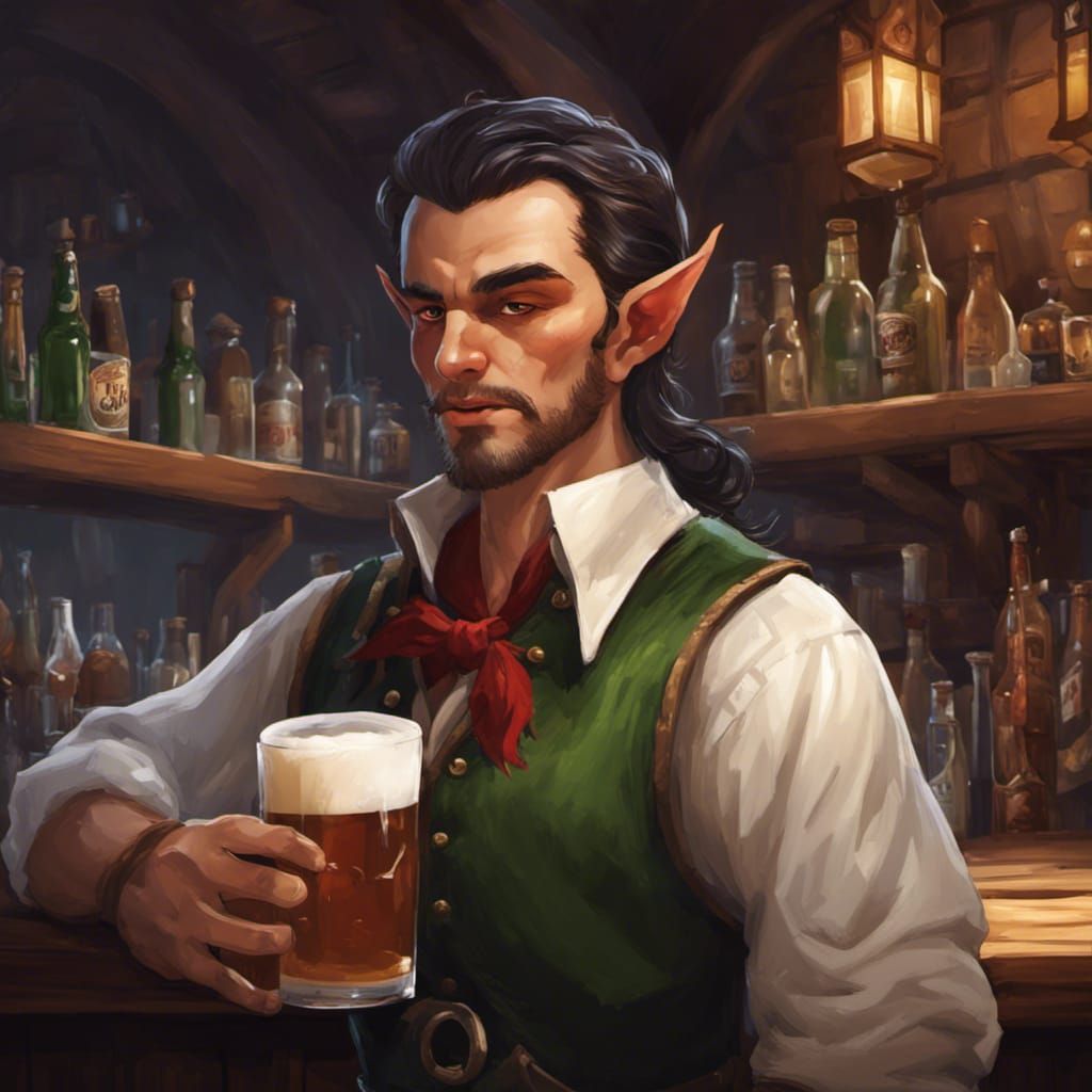Elf Bartender in Fantasy Tavern: Hyperdetailed Portrait