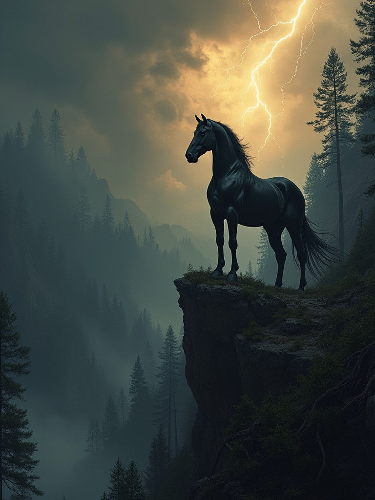 Epic Black Horse Overlooking Misty Forest