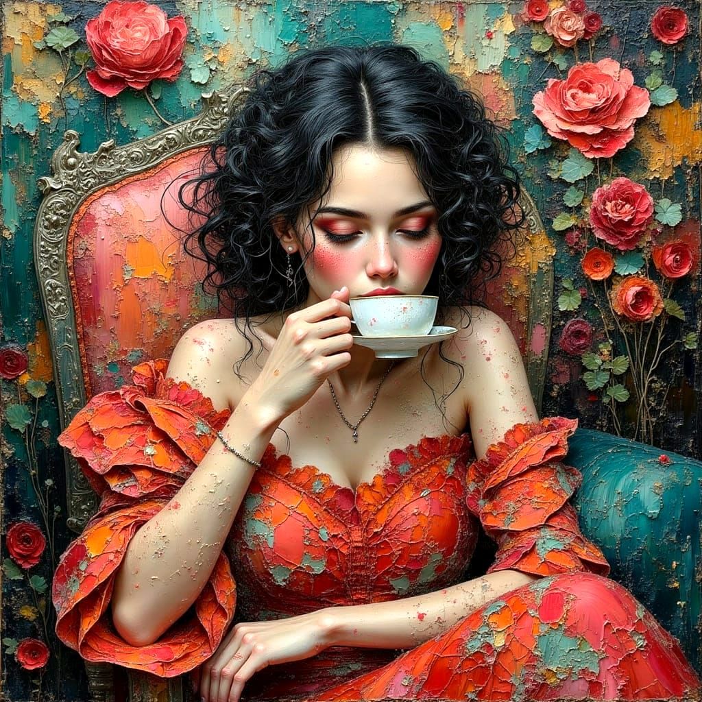 Impasto Bedroom Scene with Tea, Volumetric Oil Painting