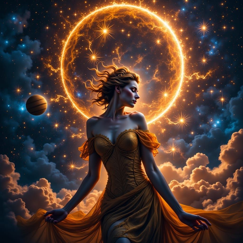 Mystical Goddess with Saturn in Starry Halo