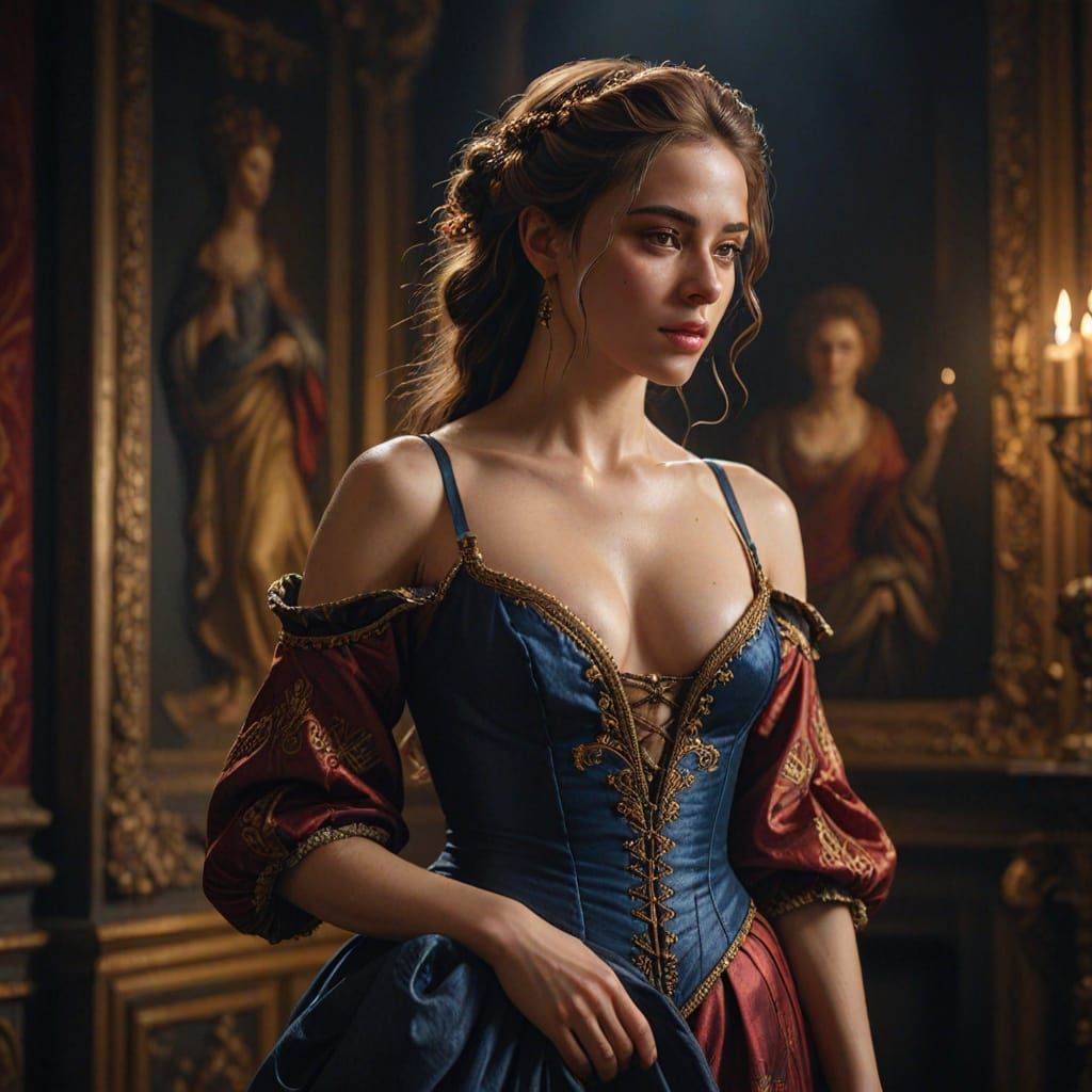 Baroque Woman in Studio with Dramatic Lighting