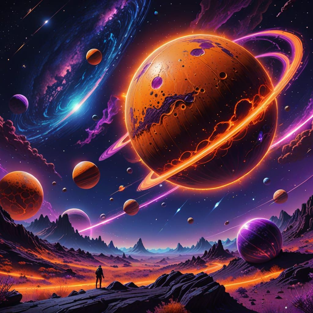 Vibrant Cosmic Planet with Glowing Galaxies