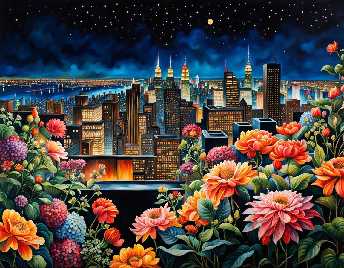 Flowery Rooftop Garden Overlooking City at Night