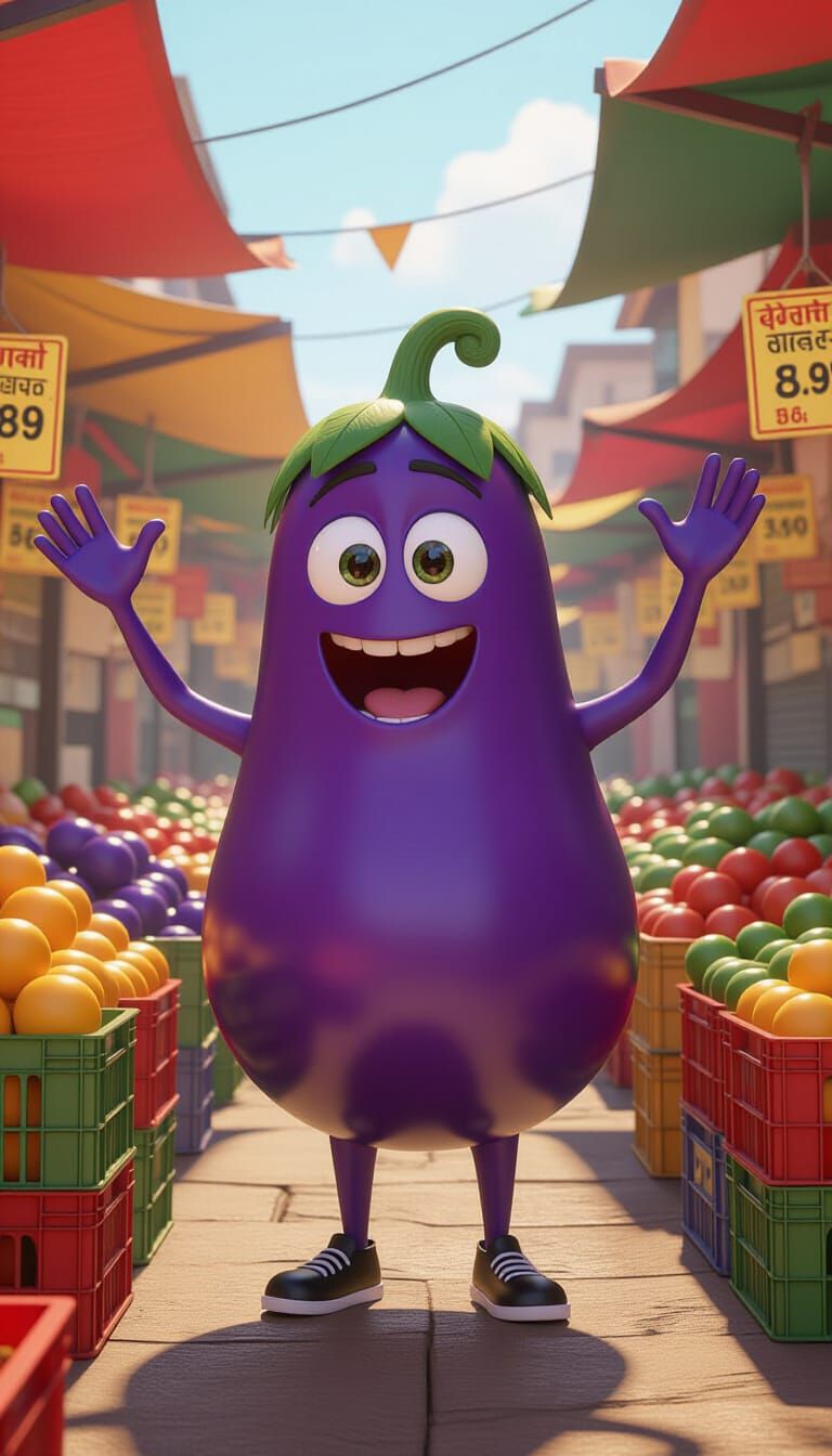 Scared Eggplant in Sabzi Mandi: 3D Cartoon Style