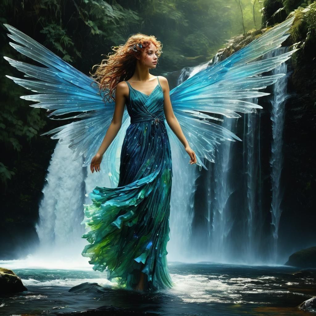 Beautiful Fairy Splashing in Waterfall Digital Art