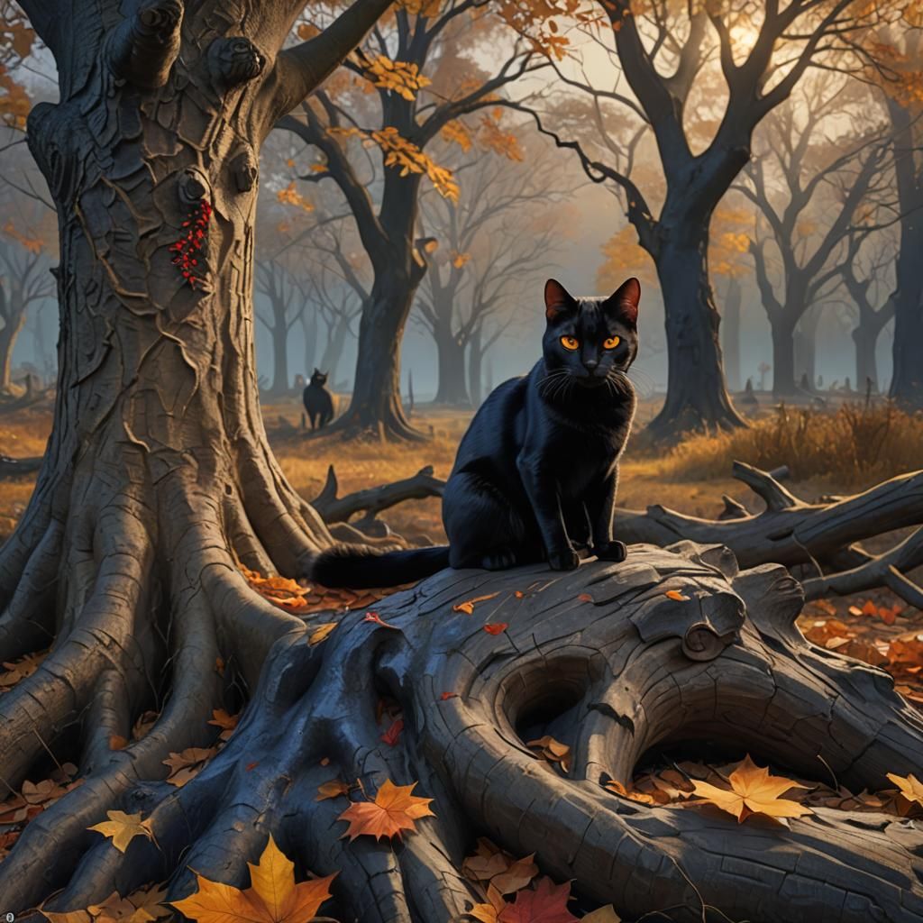 Bombay Cat in Autumn Oak Forest: Matte Painting