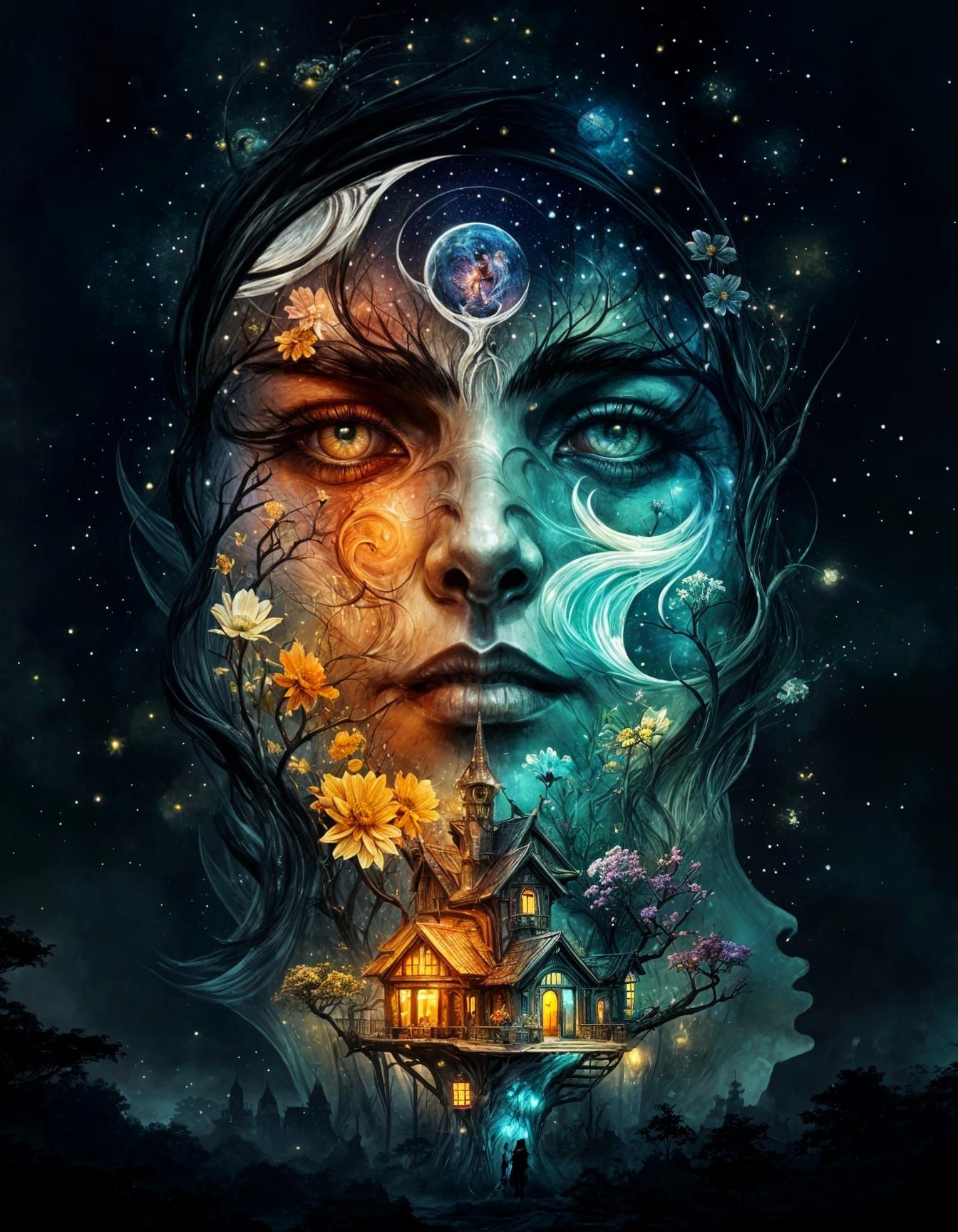 Fantasycore Houses in Flowering Yggdrasil Under Starry Night