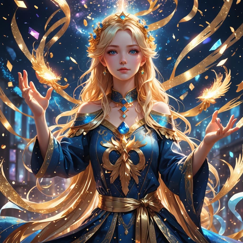 Anime Tarot Reader with Phoenix in Blue Tones