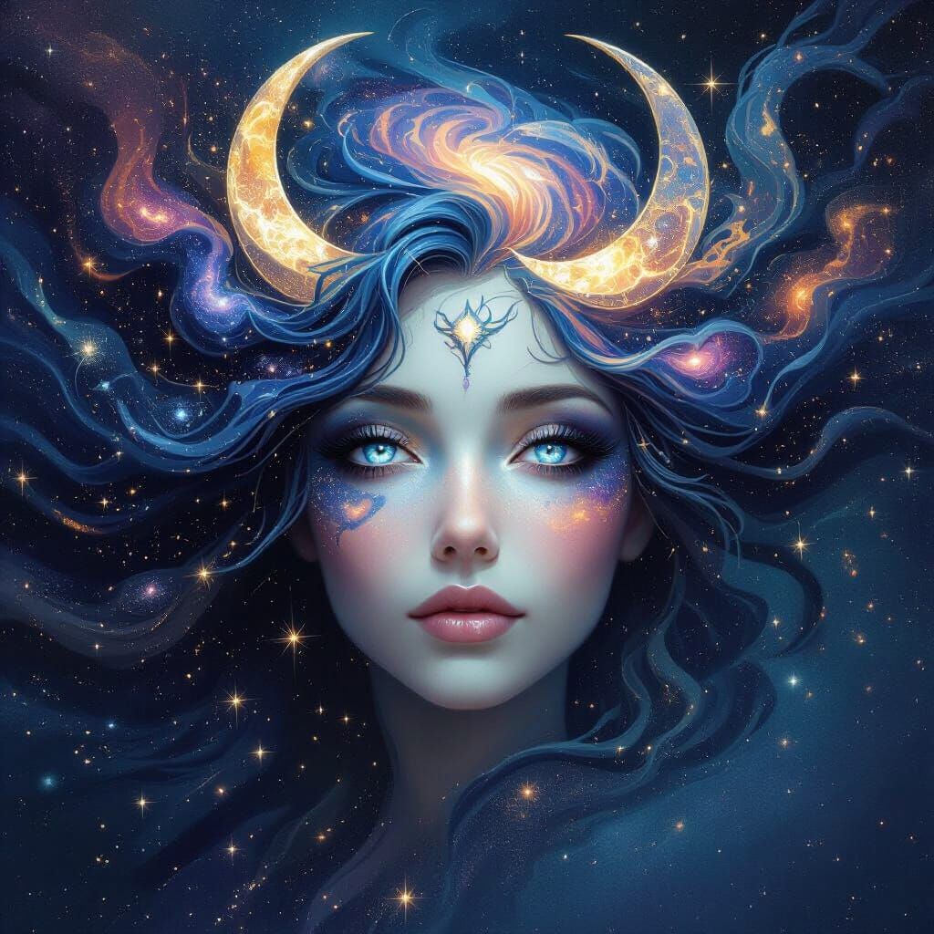Surreal Bot Woman with Galaxy Hair and Star Eyes