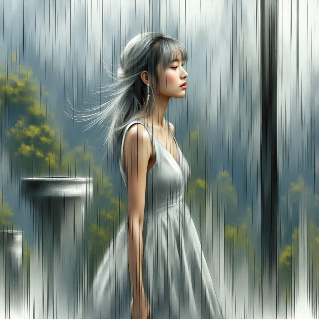 Ethereal Lady Behind Rain-Soaked Glass