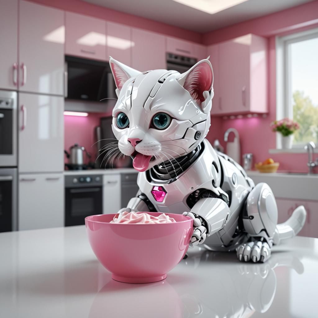 Robot Kitten Drinks Milk in Futuristic Kitchen