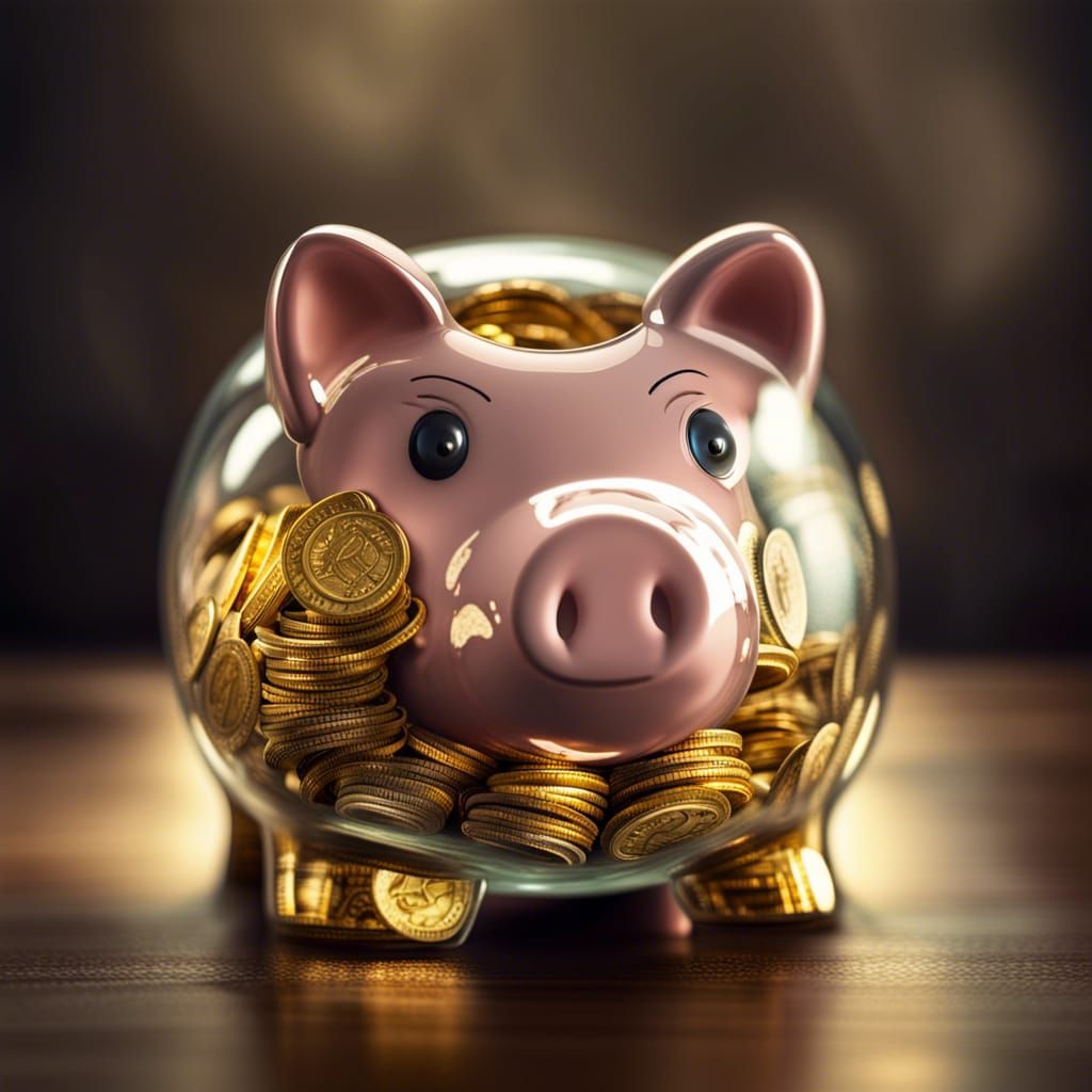 Hyperrealistic Glass Piggy Bank with Gold Coins