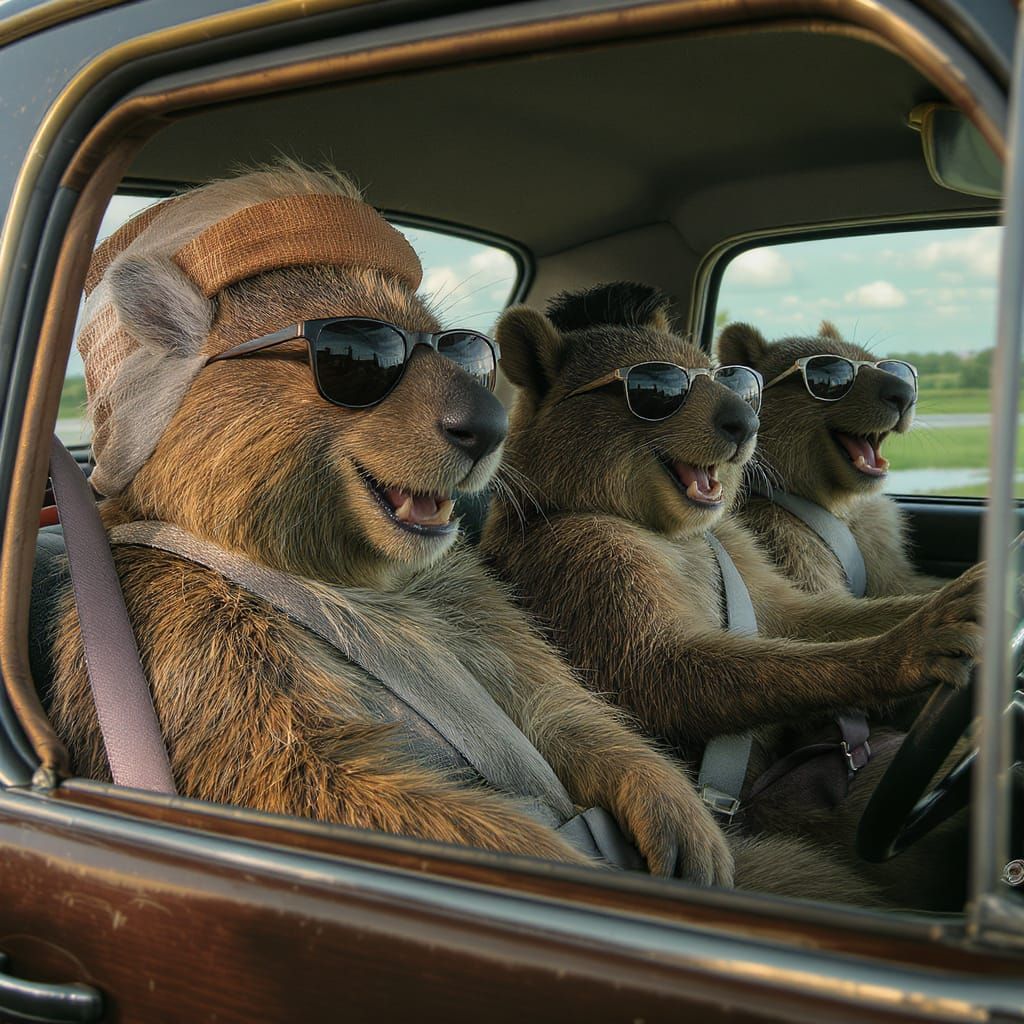 Quokkas and Poodle in Vintage Renault, Hyperrealistic