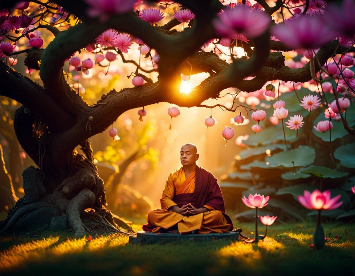 Toad Monk Meditating Under Sacred Tree in Expressionist Styl...