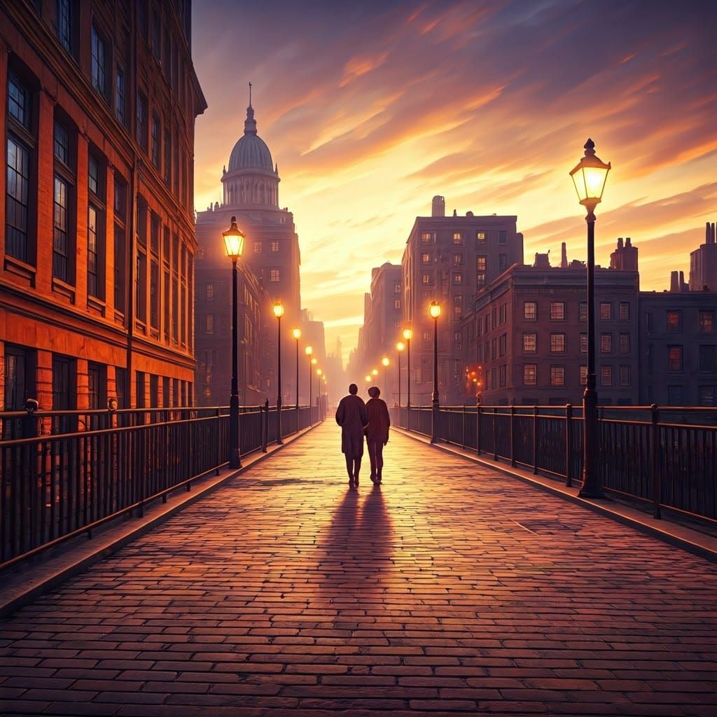 1950s Bridge Sunset: Impressionistic Cityscape Painting