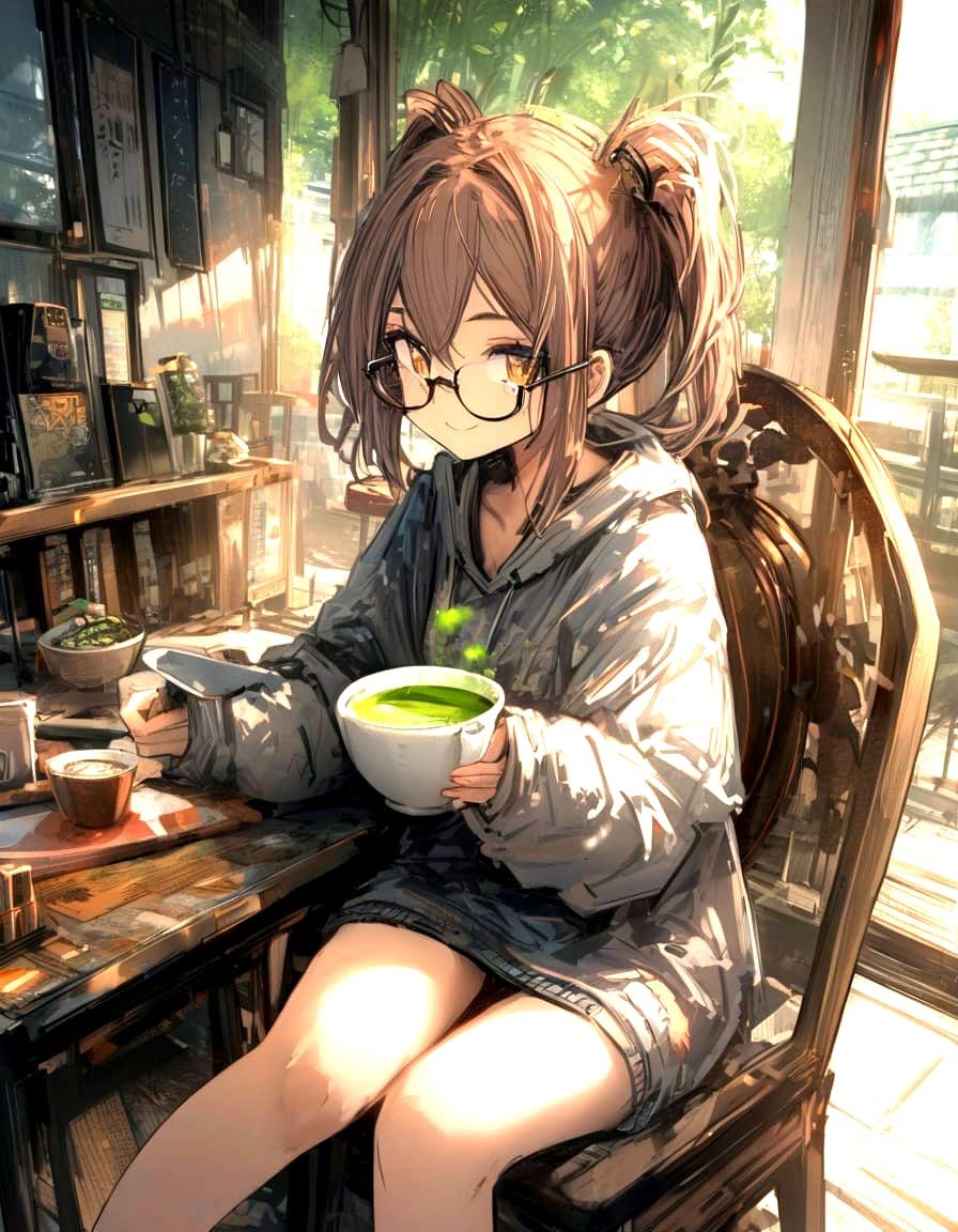 Cozy Matcha Enthusiast in a Serene Afternoon Tea Shop