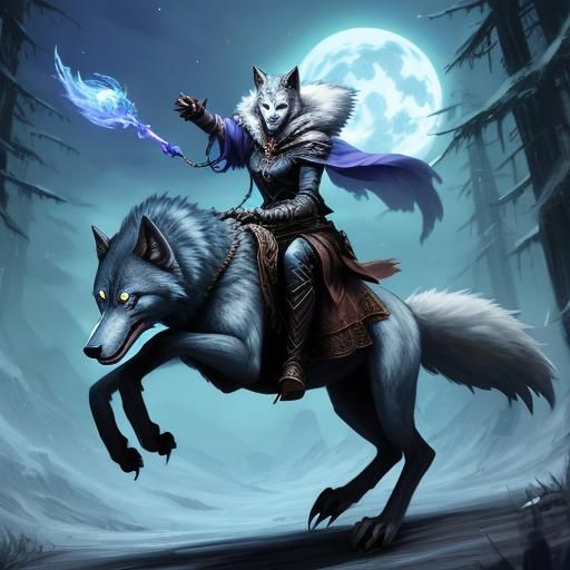 A sorceress riding a shifter in wolf form.