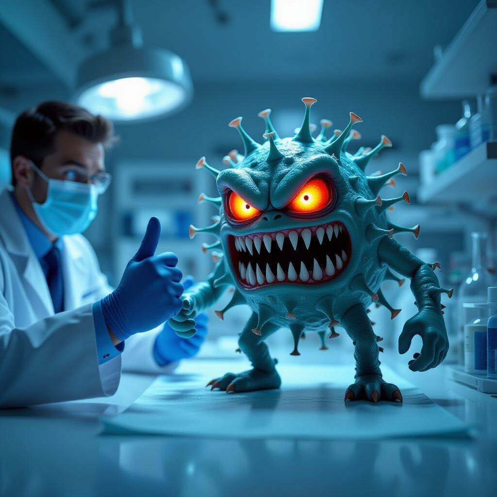 Menacing Germ Gives Middle Finger to Shocked Doctor