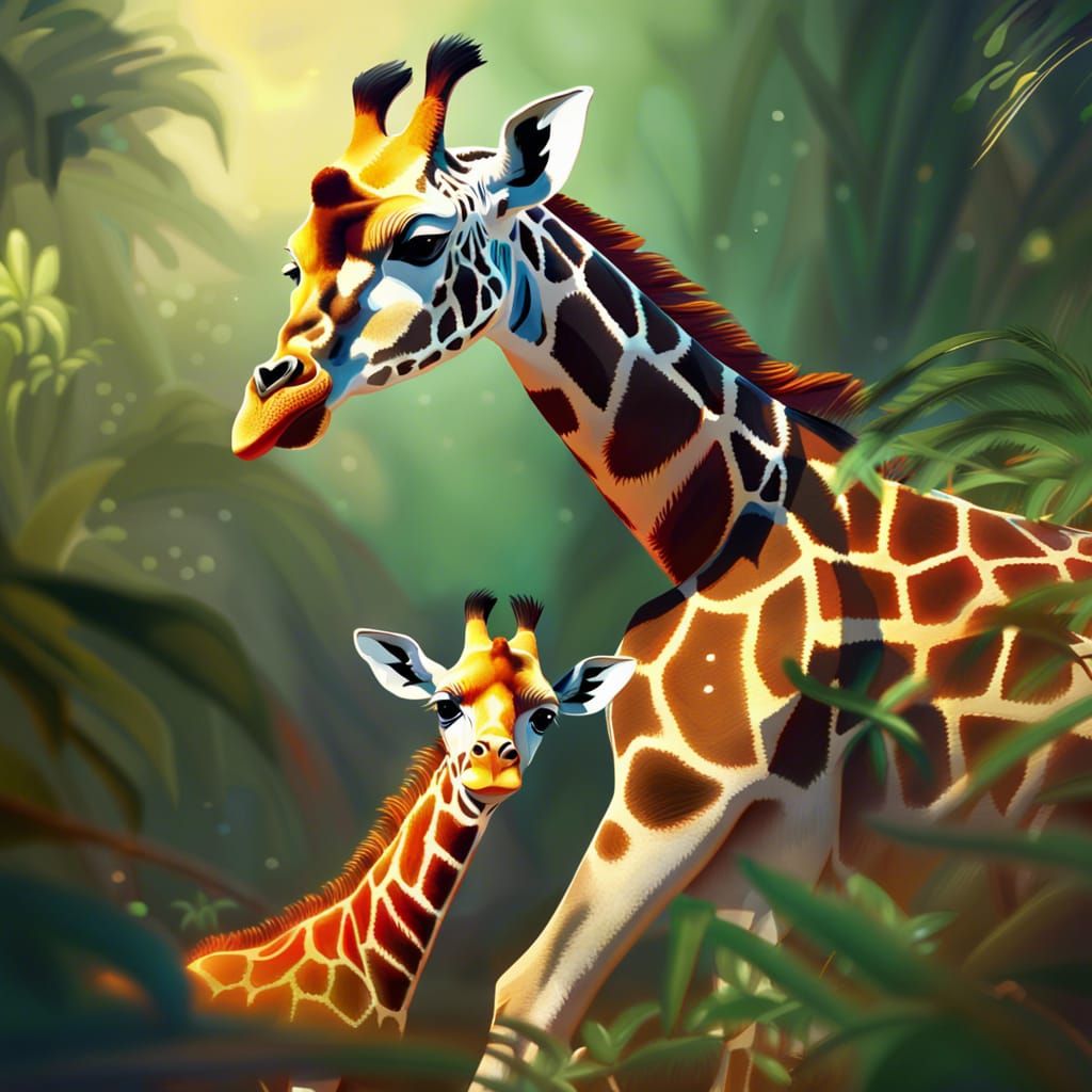 Giraffe and Baby in Hyperrealistic Jungle Run