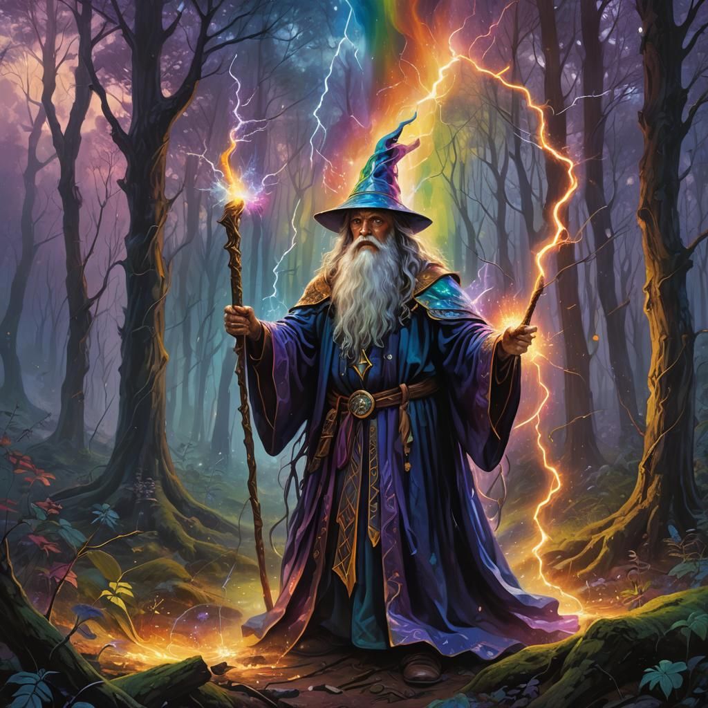 Wizard Summons Rainbow Lightning in Mystical Forest