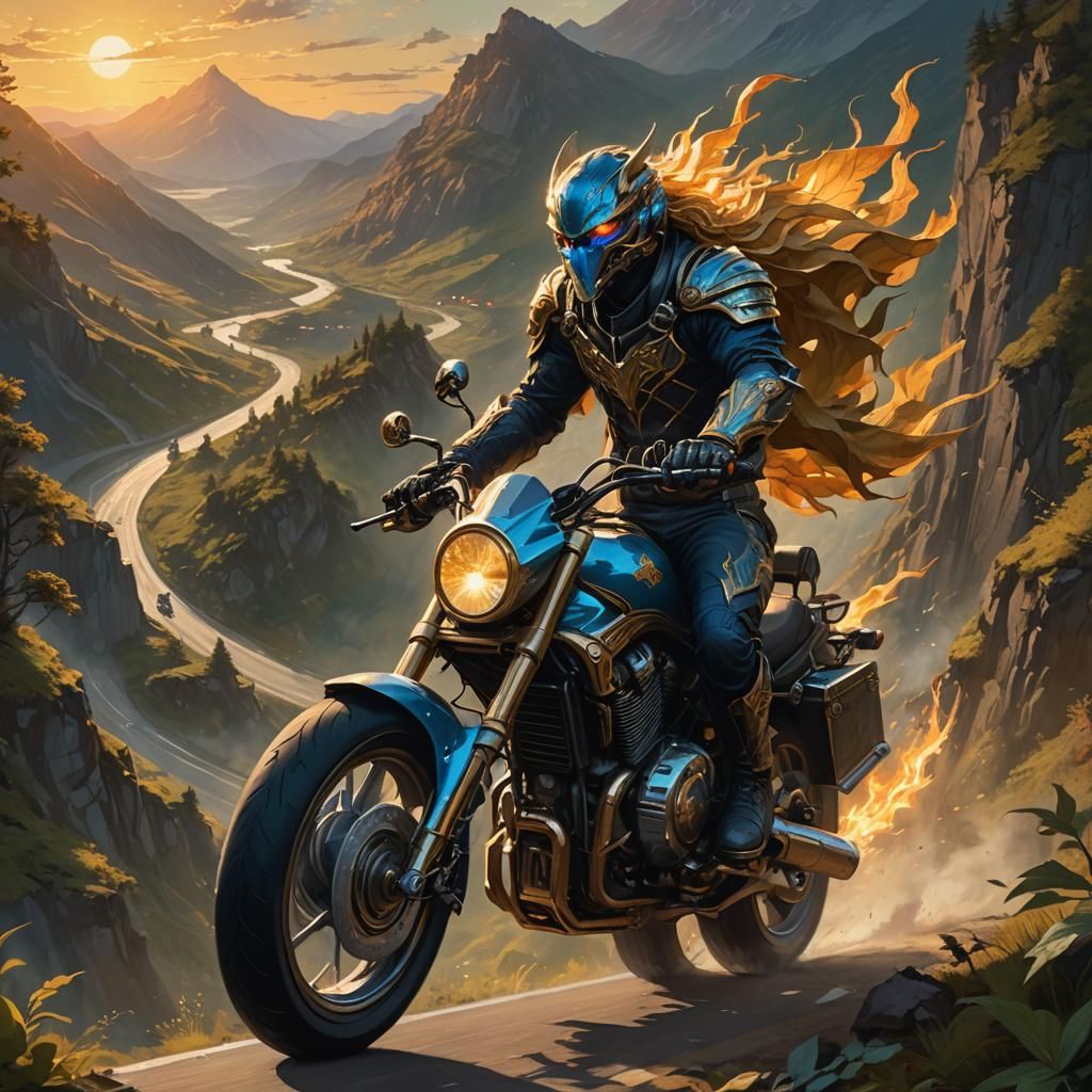 Fantasy Creature Rides Motorcycle: Oil Painting Style