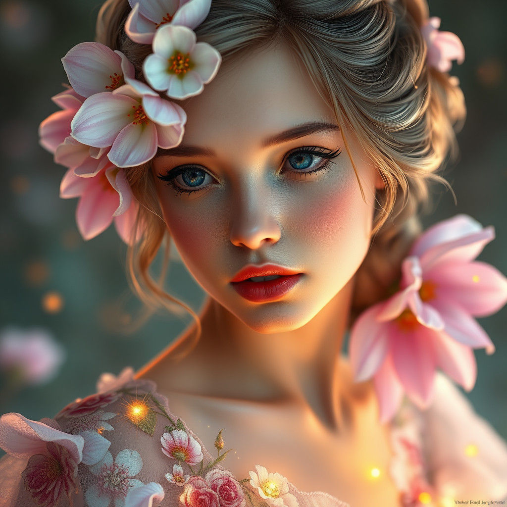 Ethereal Flower Girl Portrait in Art Nouveau Style