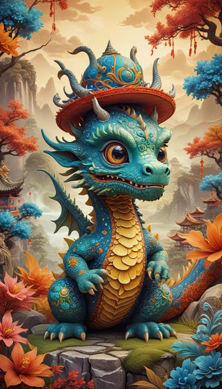 Beautiful Oil Painting of Adorable Chinese Dragon in Vibrant...