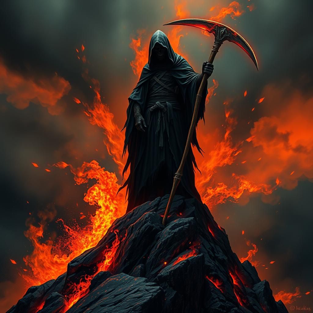 Grim Reaper in Fiery Landscape: Surreal Art