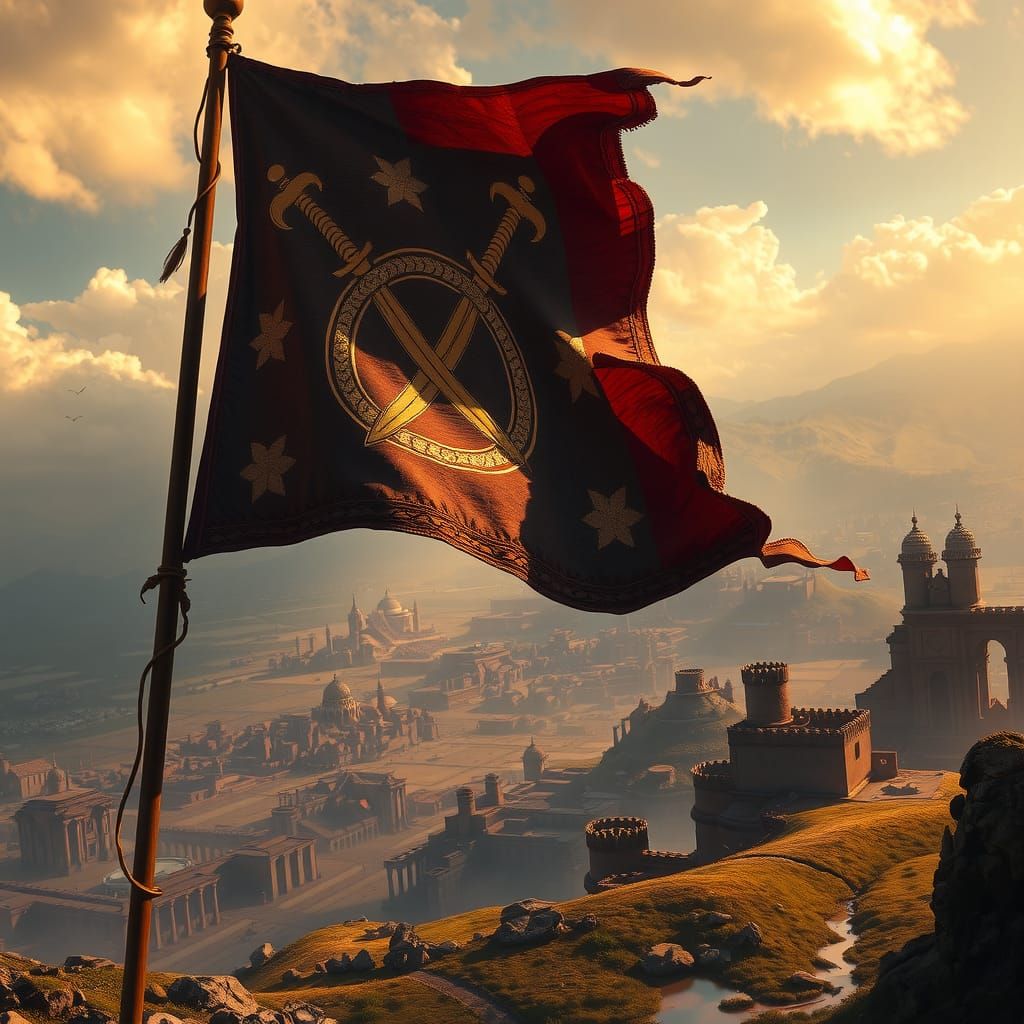 Battle-Worn Flag with Swords and Spears Emblem