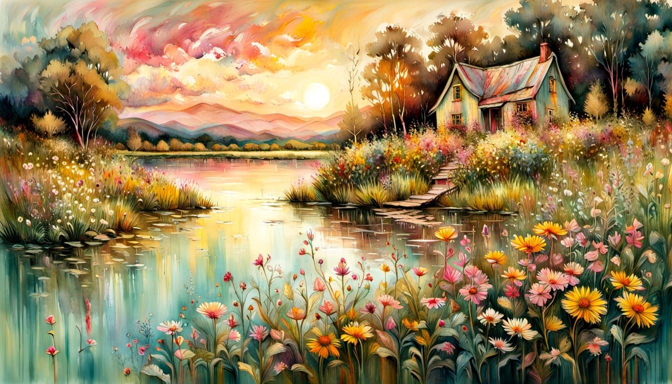 Impressionistic Wildflower Garden with Cottage at Golden Hou...