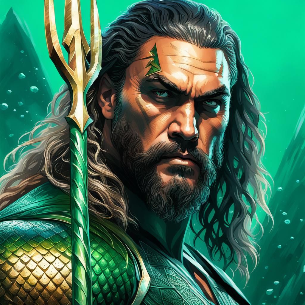 Aquaman Portrait with Trident in Hyperdetailed Style