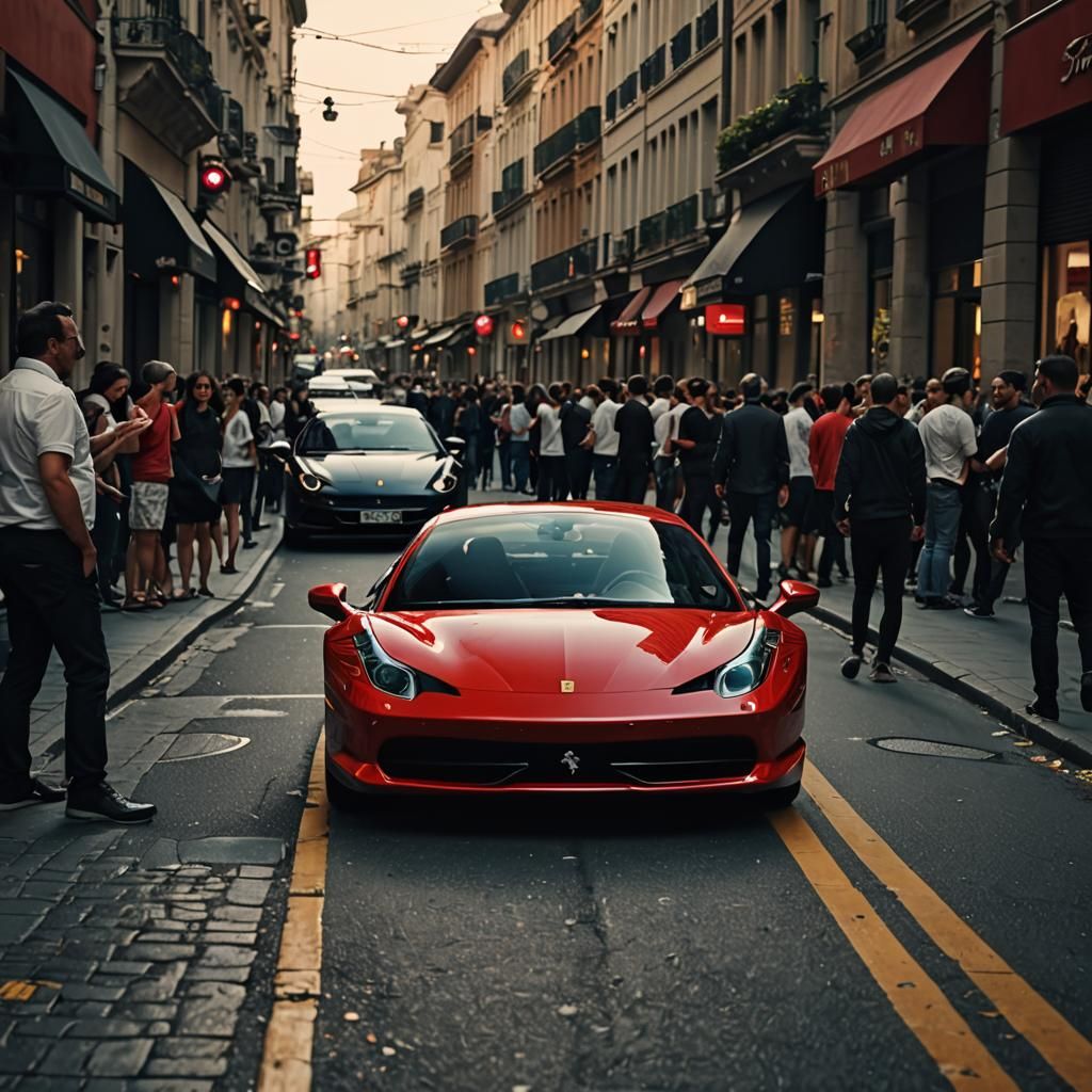 Ferrari 458 Italia Surrounded by Paparazzi: Editorial Car Ph...
