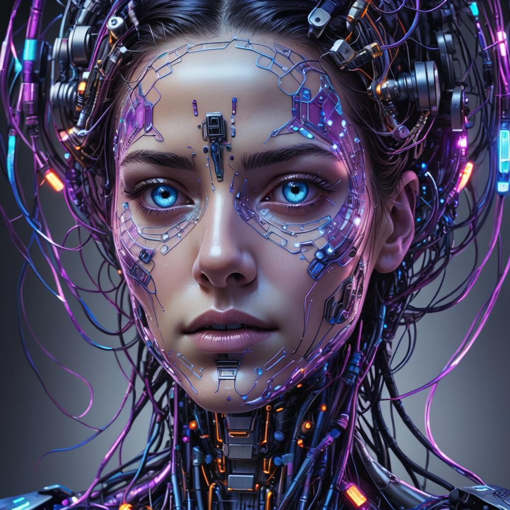 Hyper-Realistic Robot Portrait with Neon Circuitry