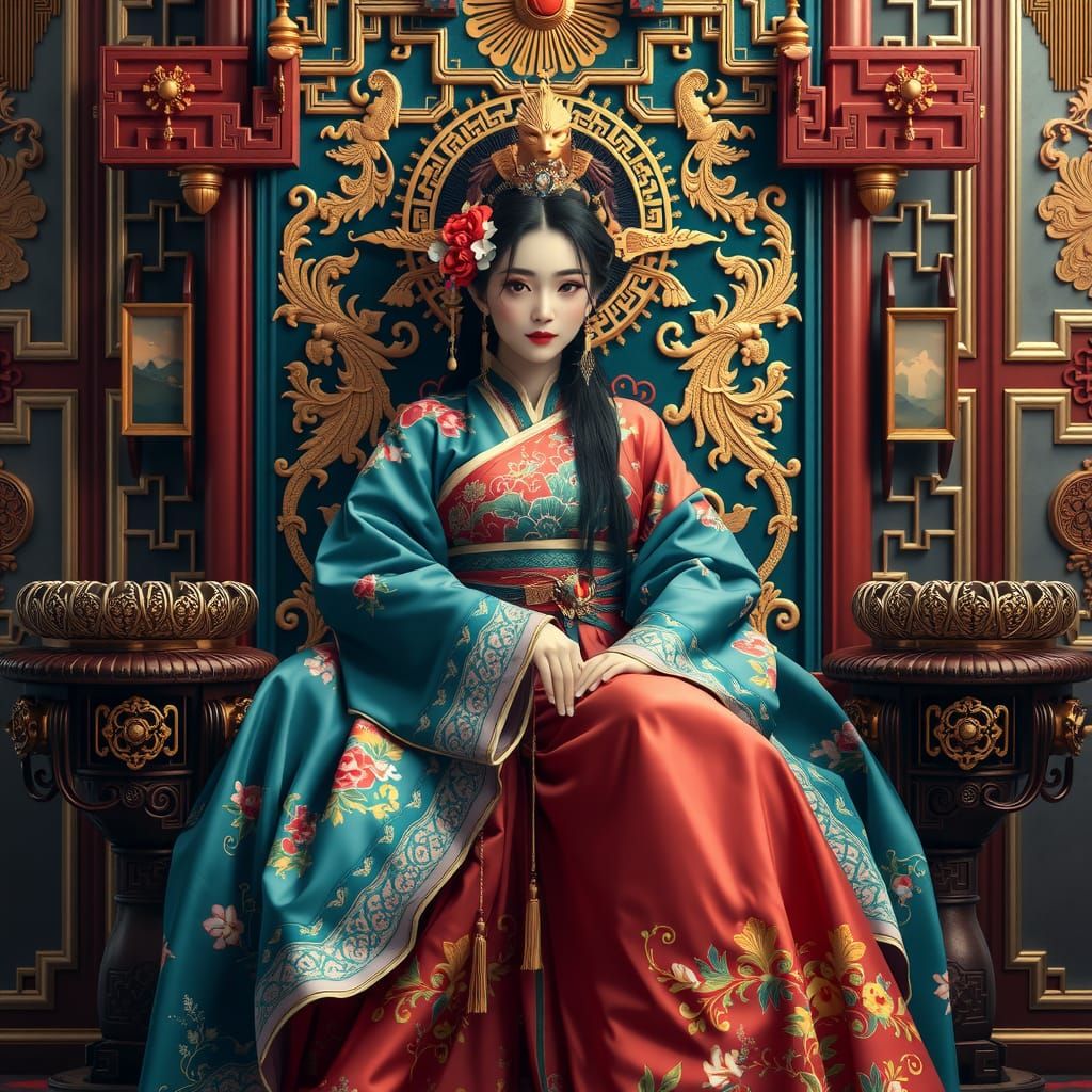Majestic Asian Goddess on Ornate Throne: Fantasy Concept Art