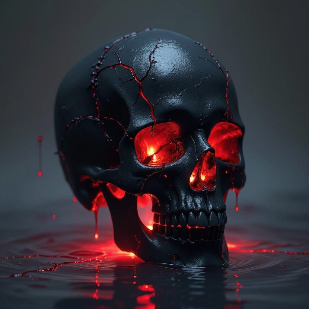 Black Skull with Glowing Red Water in Gothic Fantasy Style