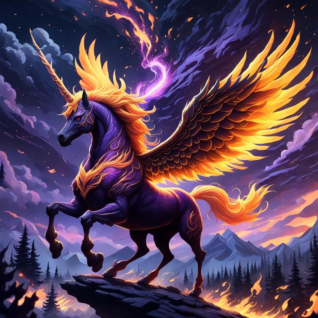 Fire Alicorn in Night Sky: Dark Fantasy Art