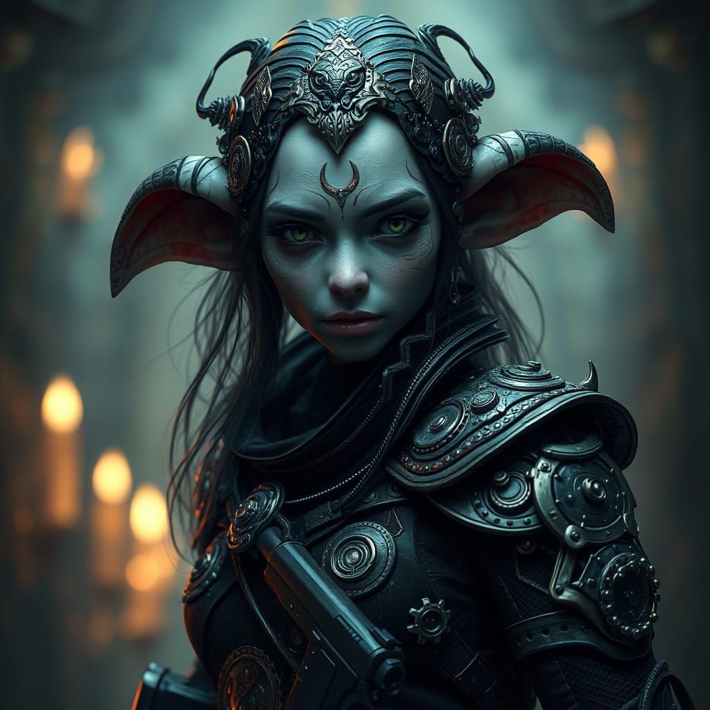 Steampunk Goblin Woman in Dark Fantasy Armor