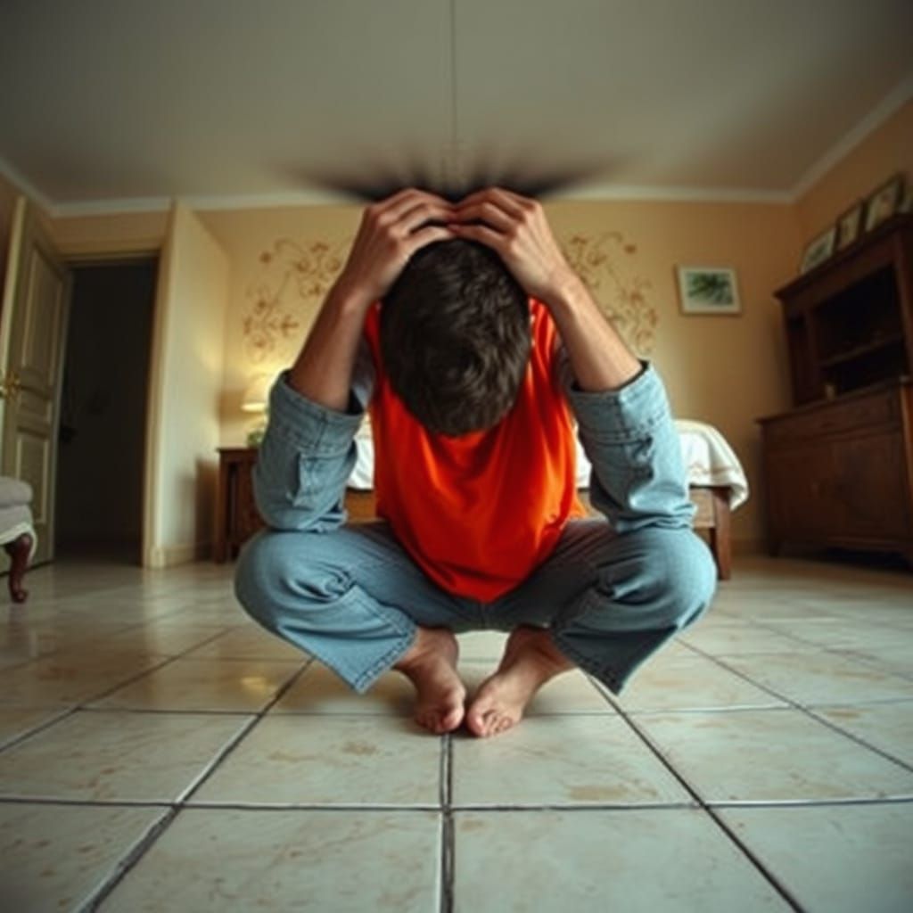 Surreal Bedroom: Man Trapped in Distorted Space