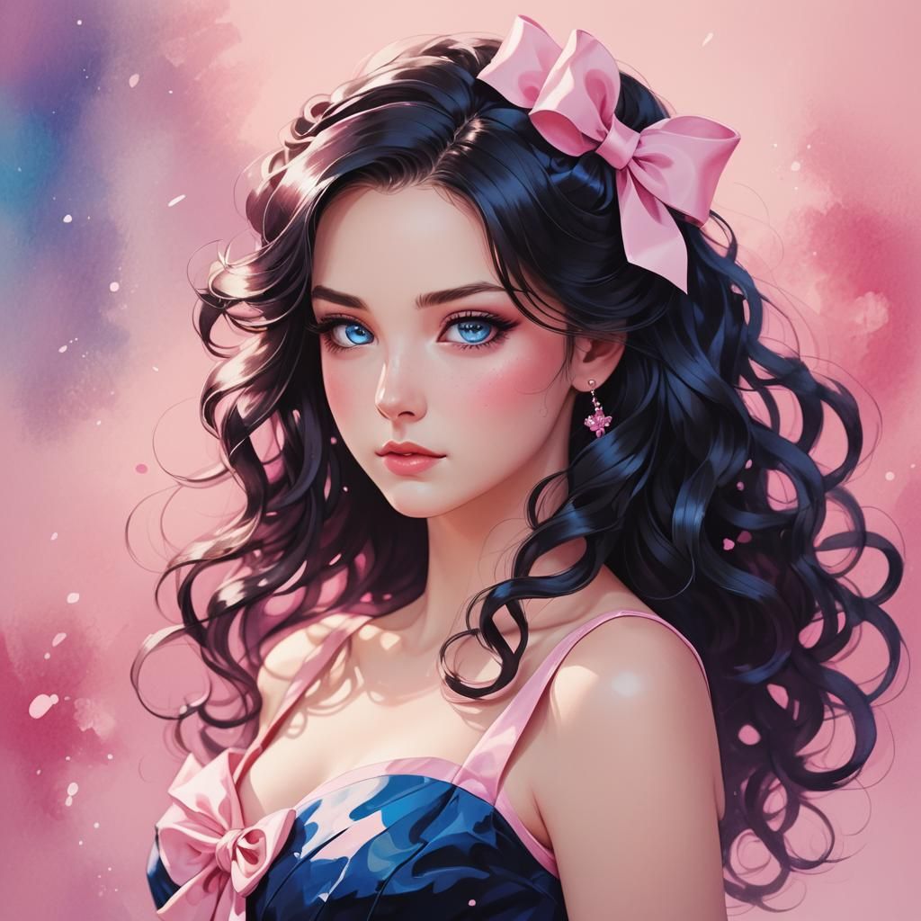 Anime Portrait of Woman with Pink Bow in Manga Style