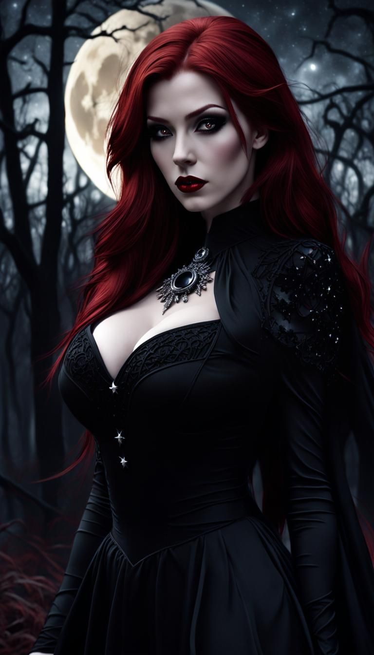 Redhead Vampire in Dark Forest, Photorealistic Gothic Art